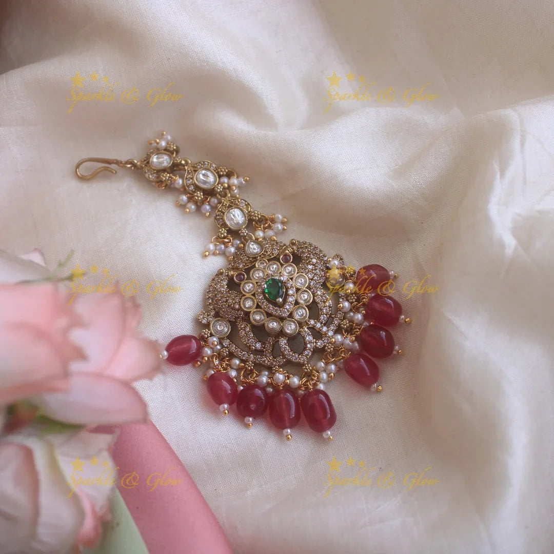 Victorian Multi-Color Maang Tikka with Floral Peacock Motif