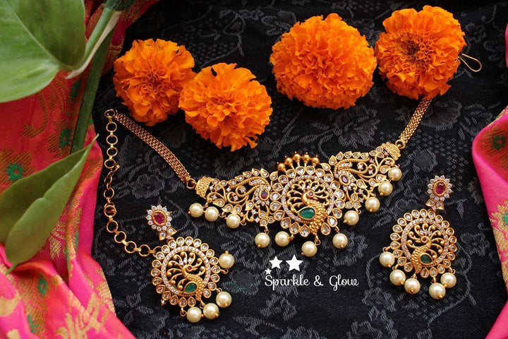 Elegant and statement peacock highneck choker with cz stones - Sparkle and Glow