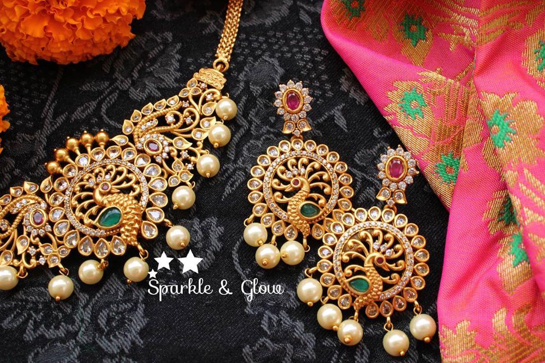 Elegant and statement peacock highneck choker with cz stones - Sparkle and Glow