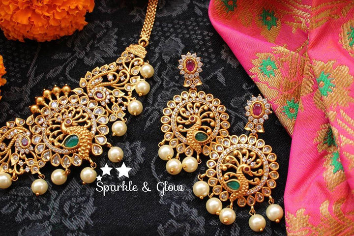 Elegant and statement peacock highneck choker with cz stones - Sparkle and Glow