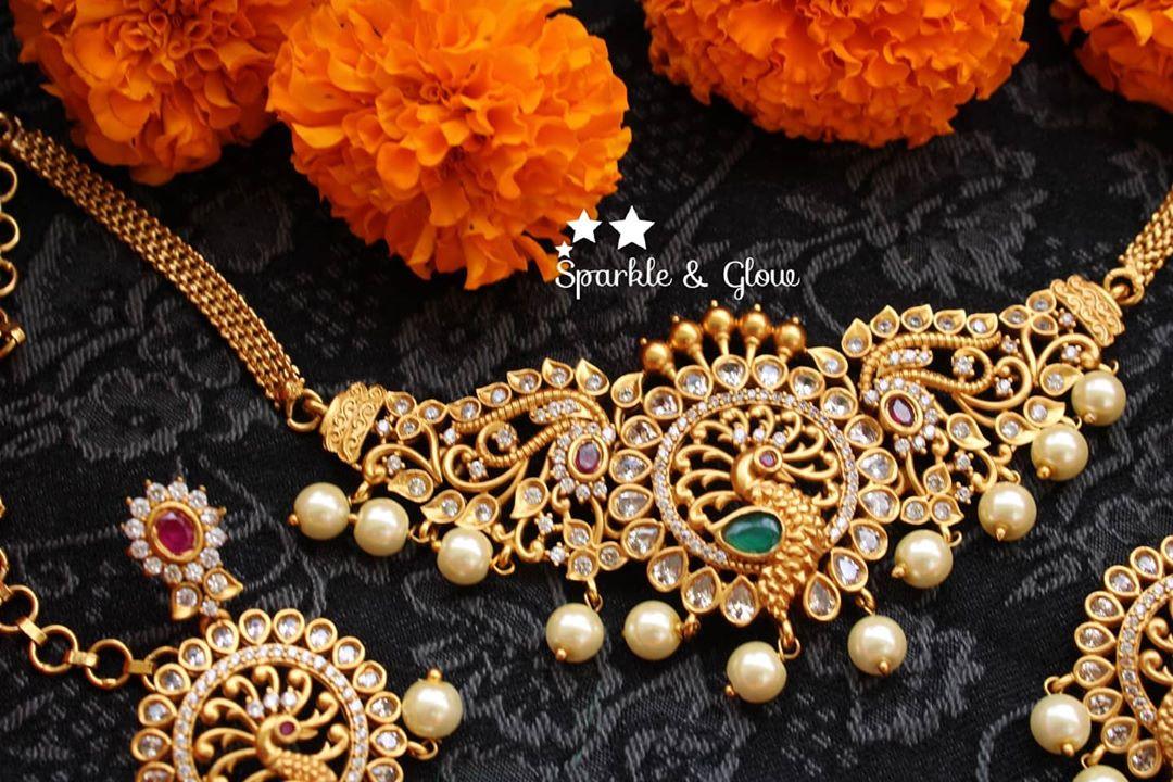 Elegant and statement peacock highneck choker with cz stones - Sparkle and Glow