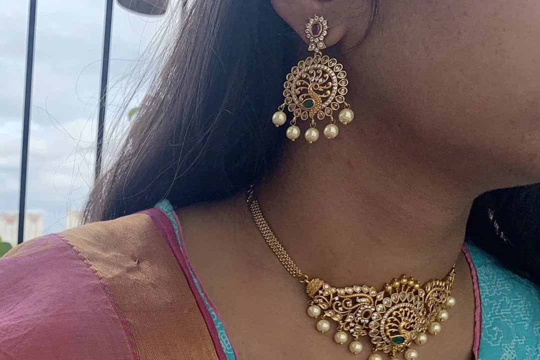 Elegant and statement peacock highneck choker with cz stones - Sparkle and Glow