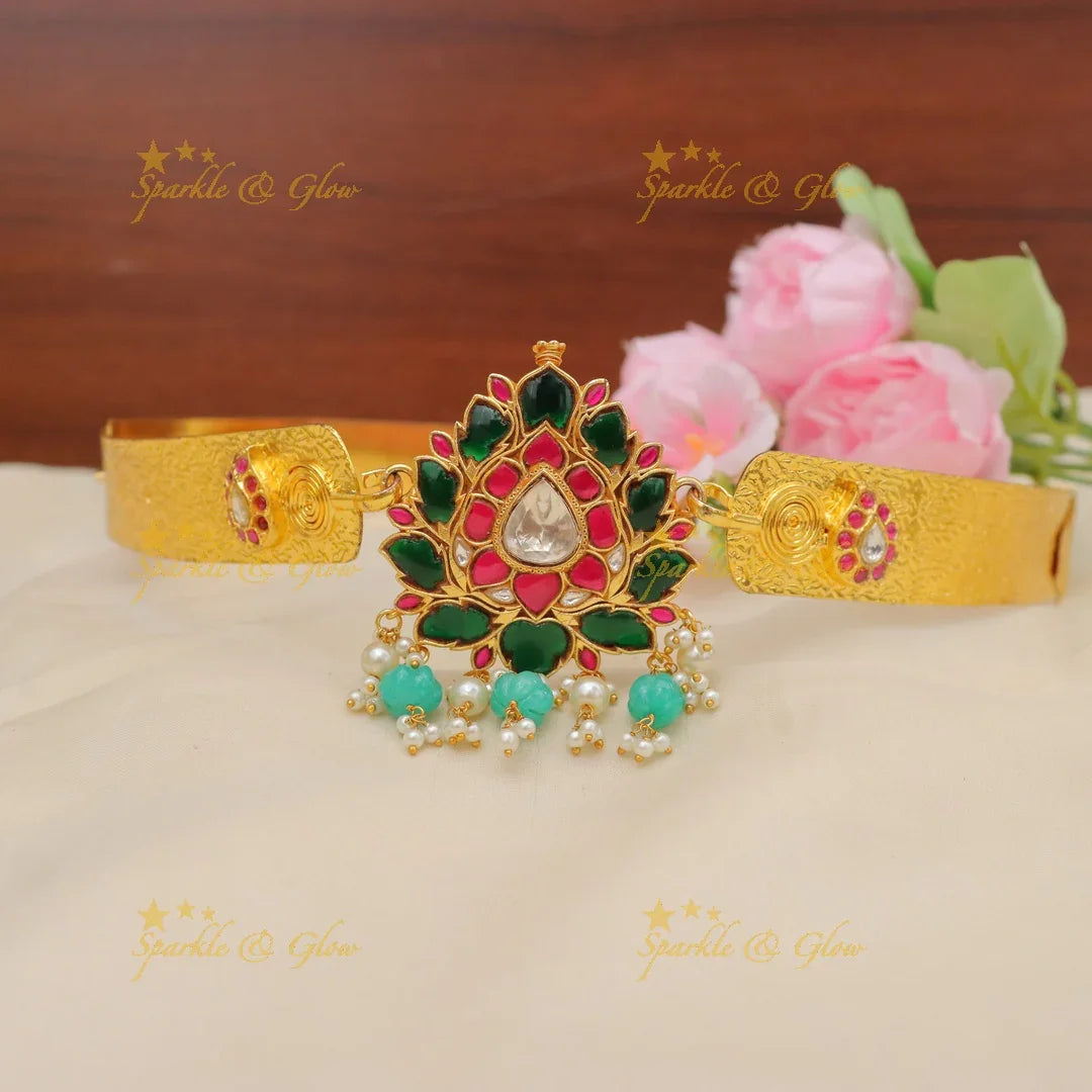Lotus Jadau Hipbelt in Gold-Like Finish with Pearls