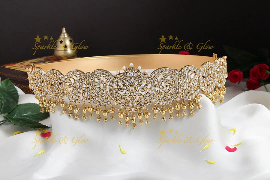 Exclusive Floral and peacock jadau hipbelt with gold beads - Sparkle and Glow
