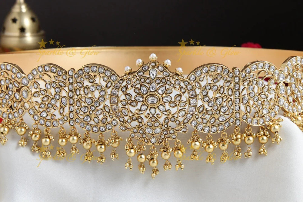 Exclusive Floral and peacock jadau hipbelt with gold beads - Sparkle and Glow