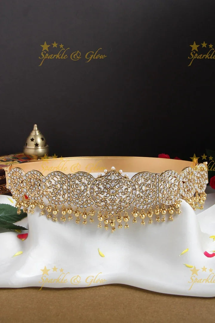 Exclusive Floral and peacock jadau hipbelt with gold beads - Sparkle and Glow