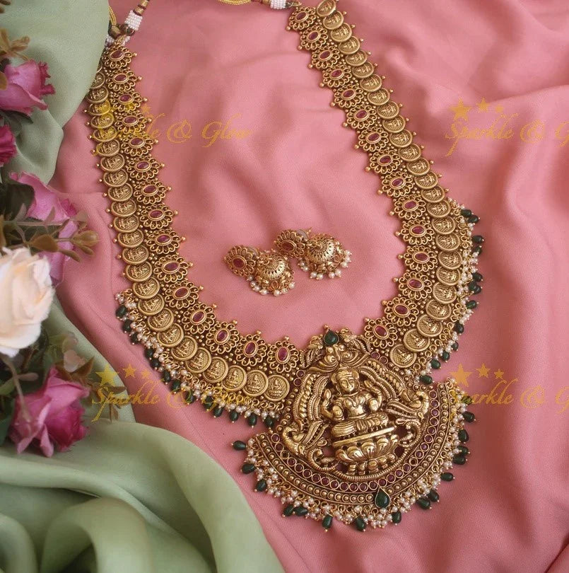 Grand Intricate gold alike Lakshmi coin Haram with red stones and green beads - Sparkle and Glow