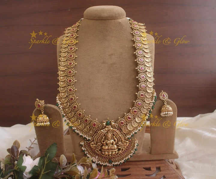 Grand Intricate gold alike Lakshmi coin Haram with red stones and green beads - Sparkle and Glow