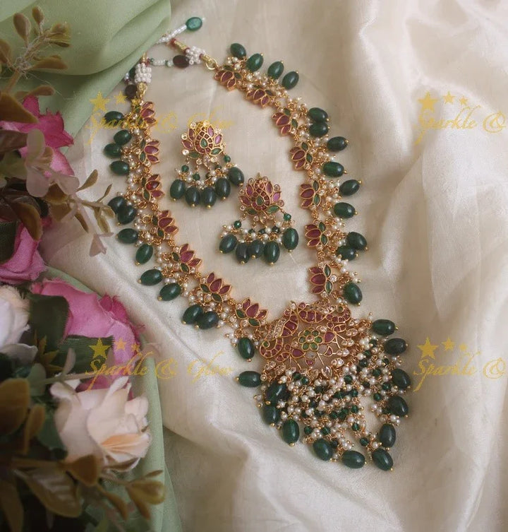 Exquisite Lotus and peacock kemp short necklace with ruby emerald and green beads - Sparkle and Glow