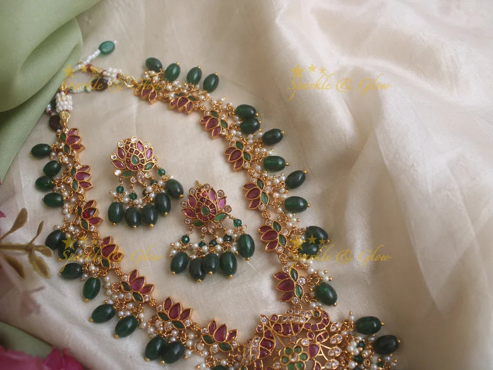 Exquisite Lotus and peacock kemp short necklace with ruby emerald and green beads - Sparkle and Glow