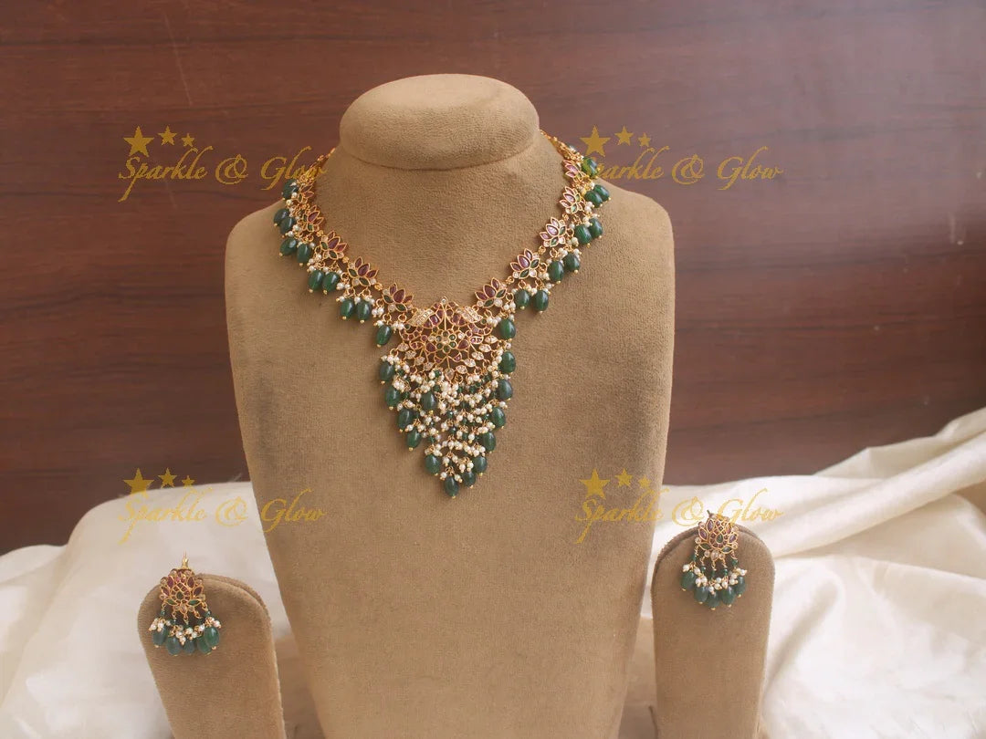 Exquisite Lotus and peacock kemp short necklace with ruby emerald and green beads - Sparkle and Glow