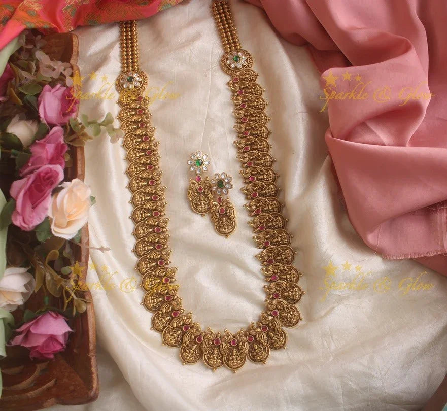 Elegant gold alike Jadau Lakshmi and peacock carved Coin long necklace - Sparkle and Glow