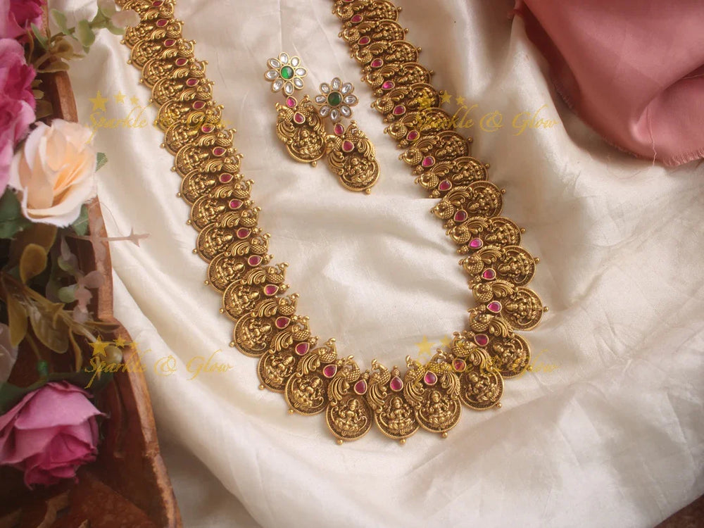 Elegant gold alike Jadau Lakshmi and peacock carved Coin long necklace - Sparkle and Glow