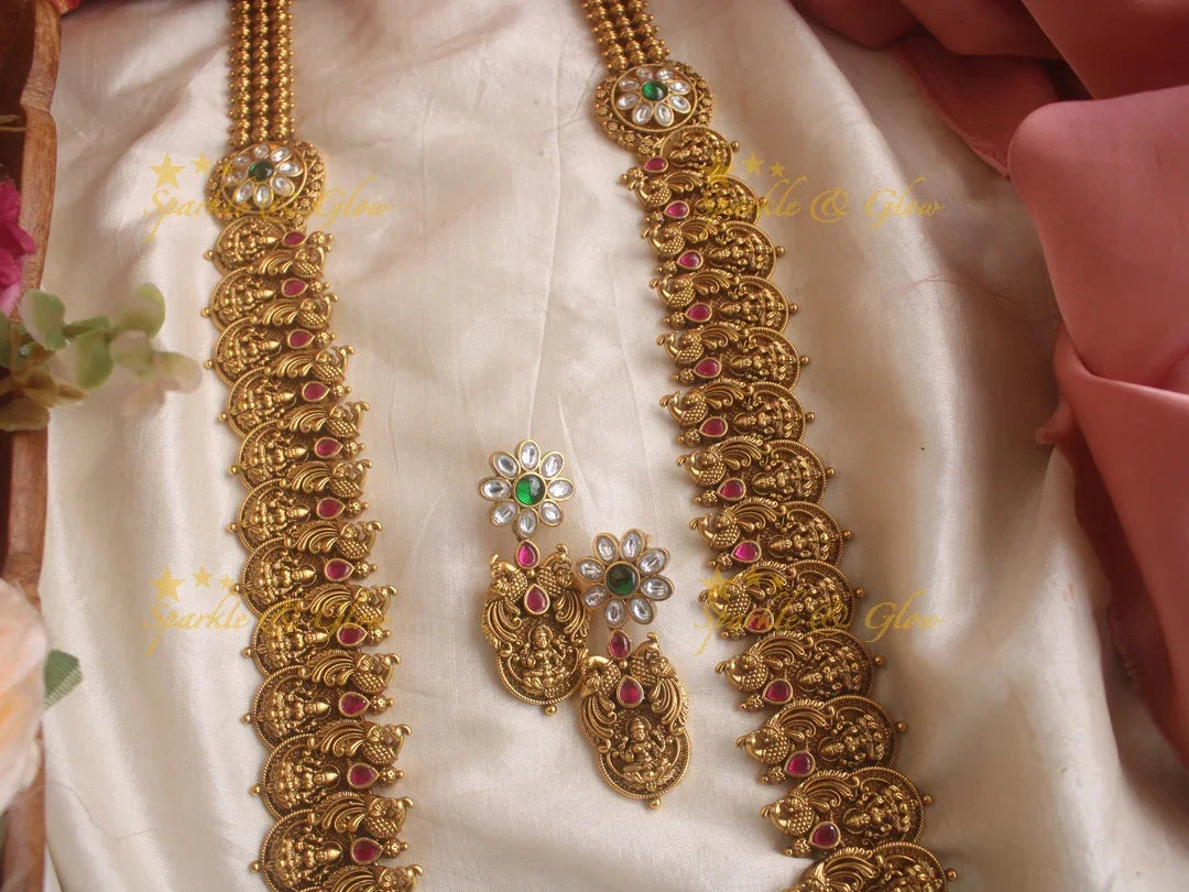 Elegant gold alike Jadau Lakshmi and peacock carved Coin long necklace - Sparkle and Glow