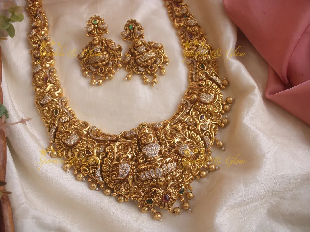 Grand Intricate gold alike Bridal Lakshmi Haram - Sparkle and Glow