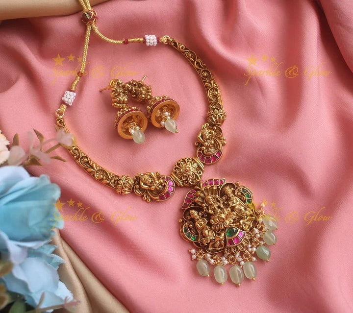 Elegant antique Jadau Lakshmi carved short necklace with mint green beads - Sparkle and Glow