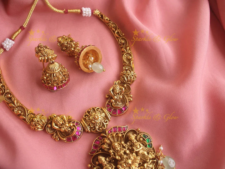 Elegant antique Jadau Lakshmi carved short necklace with mint green beads - Sparkle and Glow