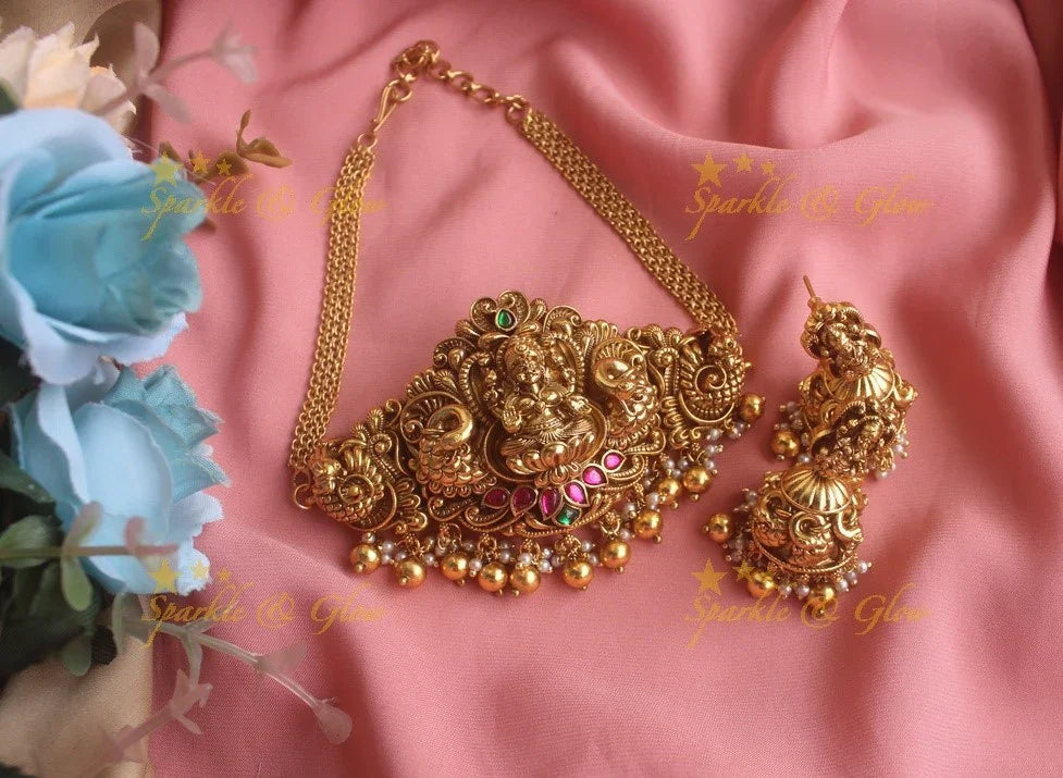 Elegant antique Jadau Lakshmi and peacock carved high neck choker with gold beads - Sparkle and Glow