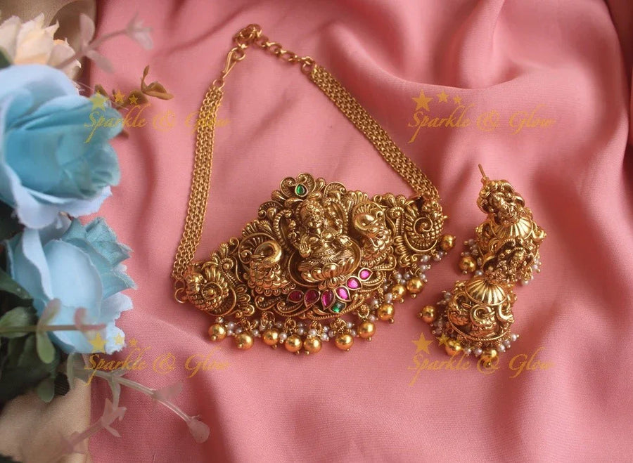 Elegant antique Jadau Lakshmi and peacock carved high neck choker with gold beads - Sparkle and Glow
