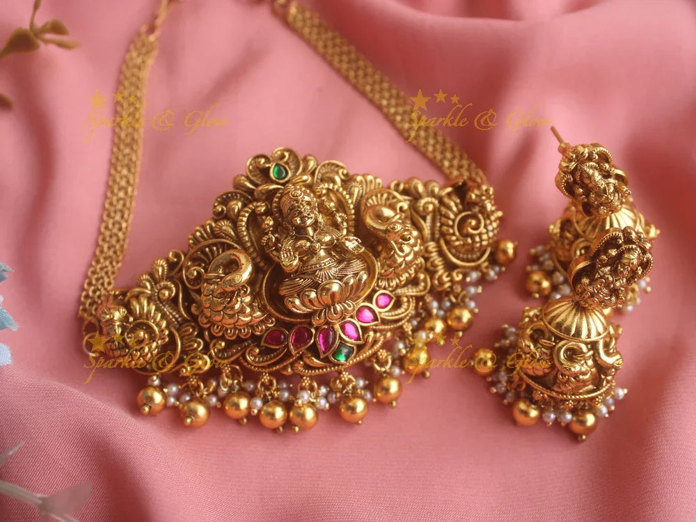 Elegant antique Jadau Lakshmi and peacock carved high neck choker with gold beads - Sparkle and Glow