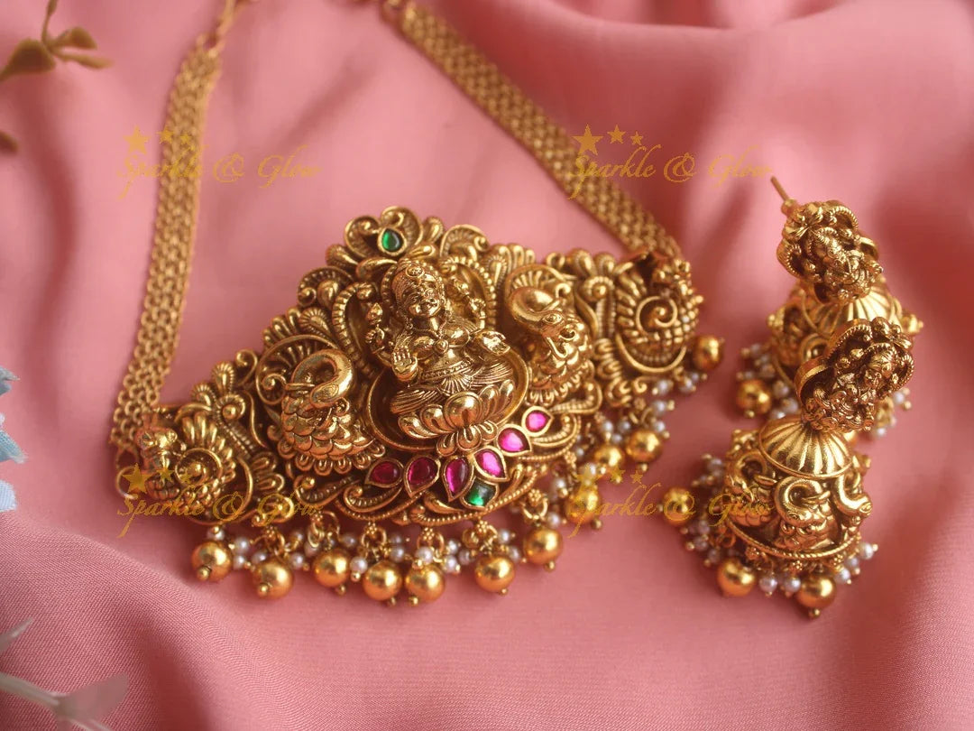 Elegant antique Jadau Lakshmi and peacock carved high neck choker with gold beads - Sparkle and Glow