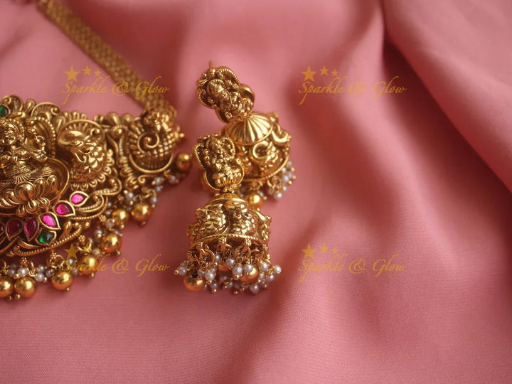 Elegant antique Jadau Lakshmi and peacock carved high neck choker with gold beads - Sparkle and Glow
