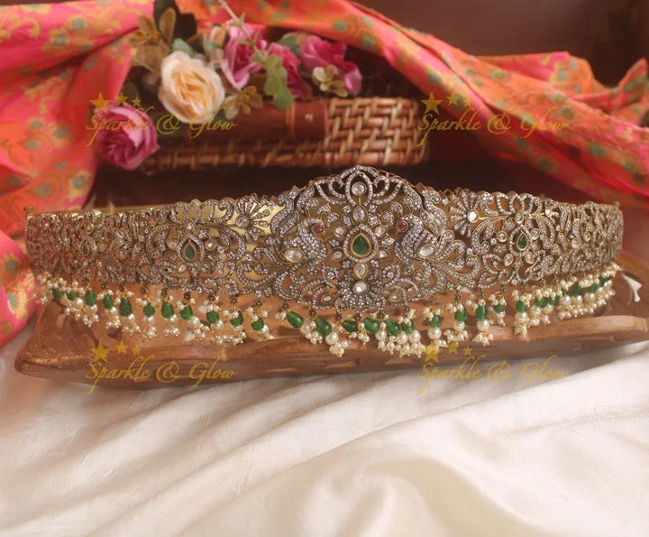 Beautiful Peacock emerald and green beads black finish victorian ad hipbelt - Sparkle and Glow