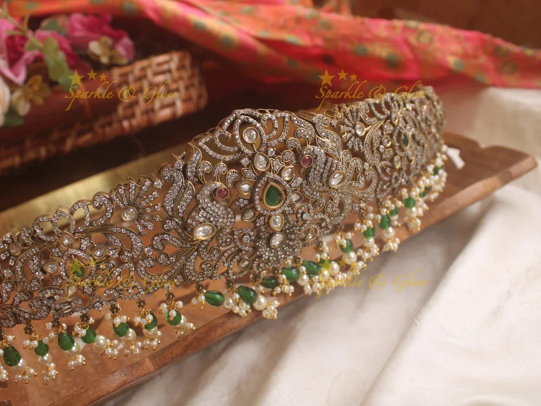 Beautiful Peacock emerald and green beads black finish victorian ad hipbelt - Sparkle and Glow