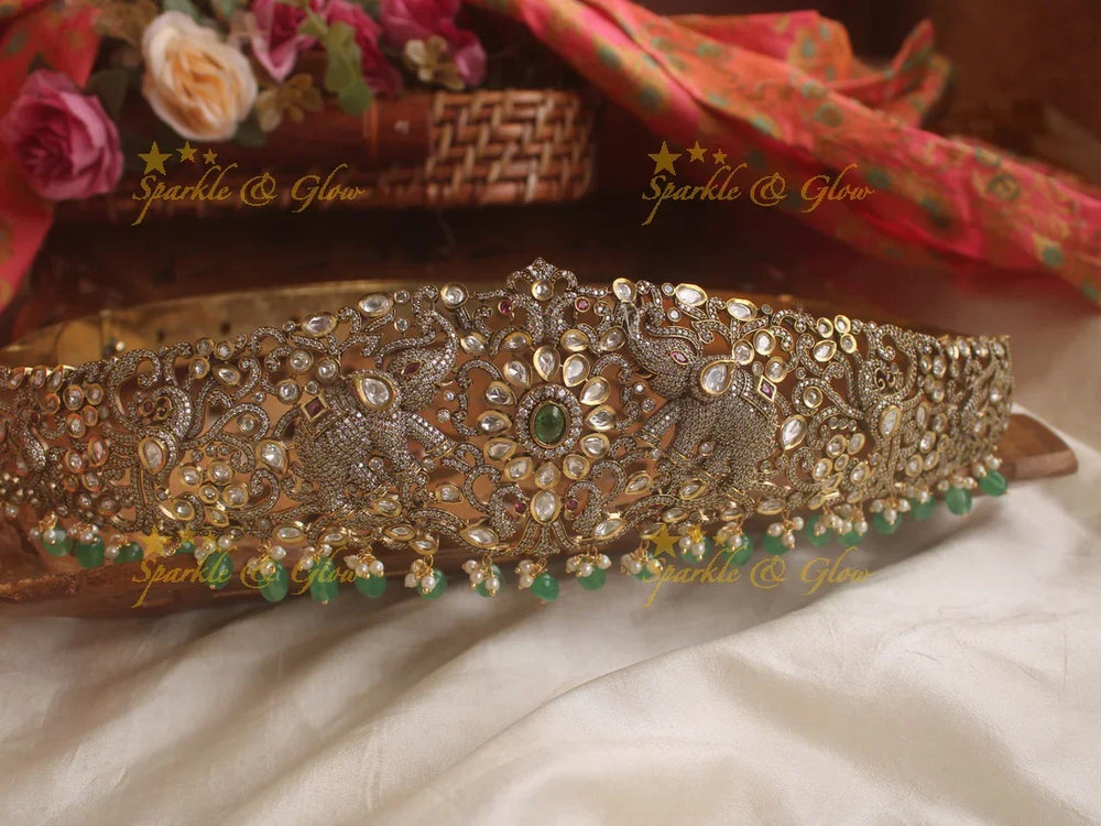 Beautiful Elephant Peacock ruby emerald and green beads black finish victorian ad hipbelt - Sparkle and Glow