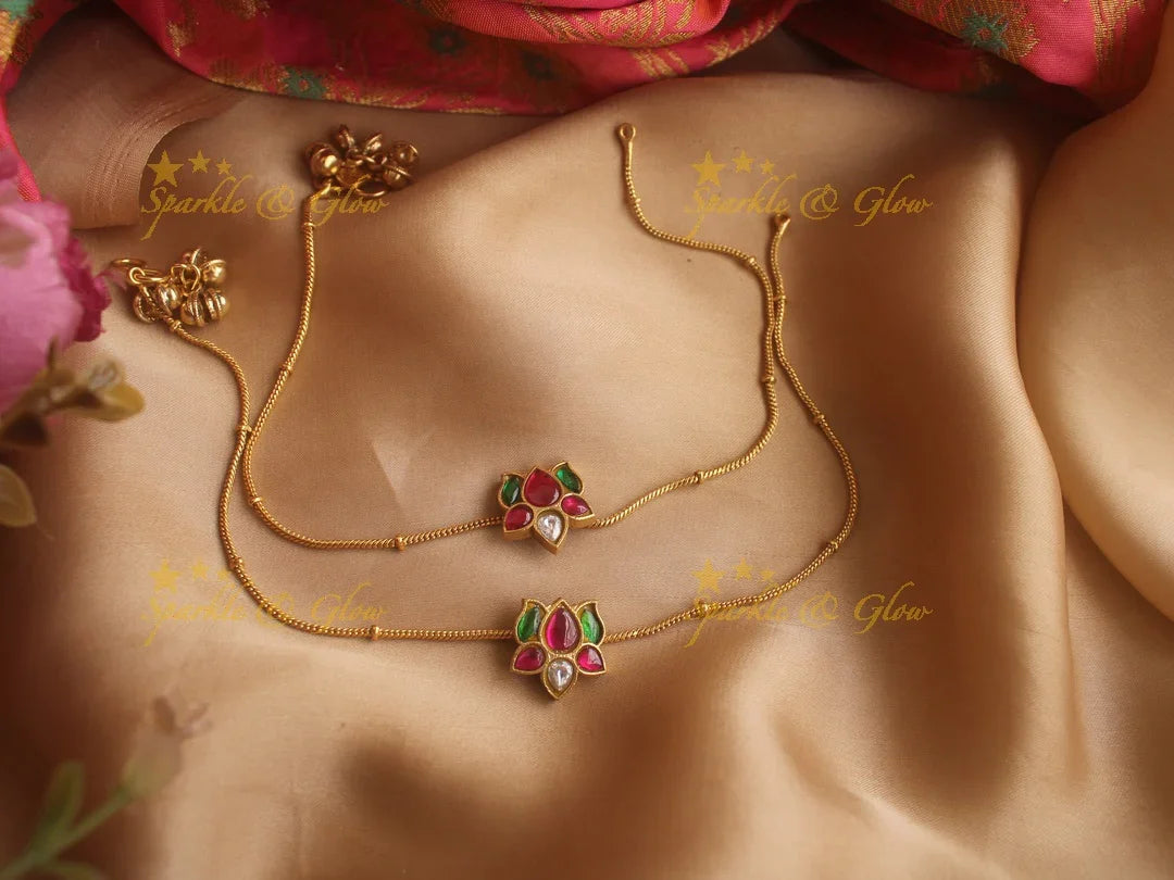Beautiful lotus multi colour jadau anklet - Sparkle and Glow