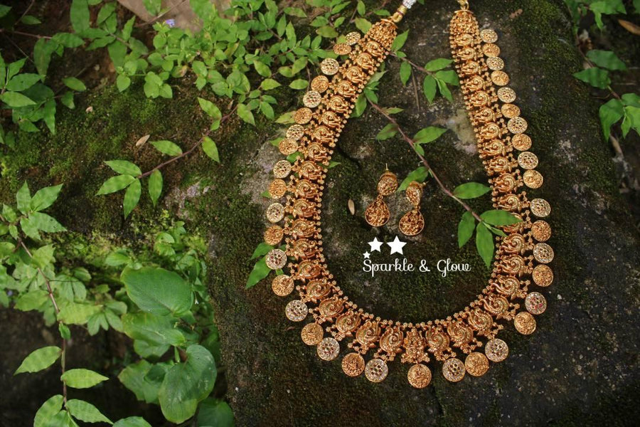 Gold alike polished peacock style lakshmi coin haram with stones - Sparkle and Glow