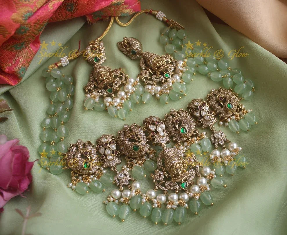 Exquisite Venkatesh peacock Victorian AD highneck choker with pastel green beads - Sparkle and Glow