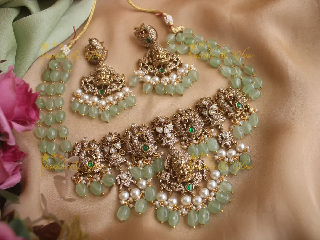 Exquisite Venkatesh peacock Victorian AD highneck choker with pastel green beads - Sparkle and Glow