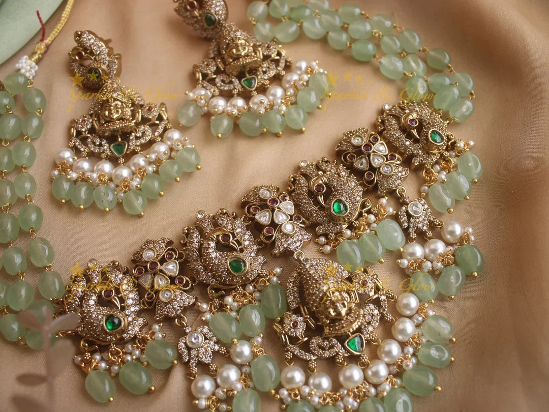 Exquisite Venkatesh peacock Victorian AD highneck choker with pastel green beads - Sparkle and Glow