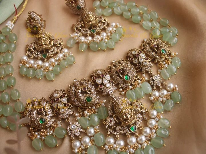 Exquisite Venkatesh peacock Victorian AD highneck choker with pastel green beads - Sparkle and Glow