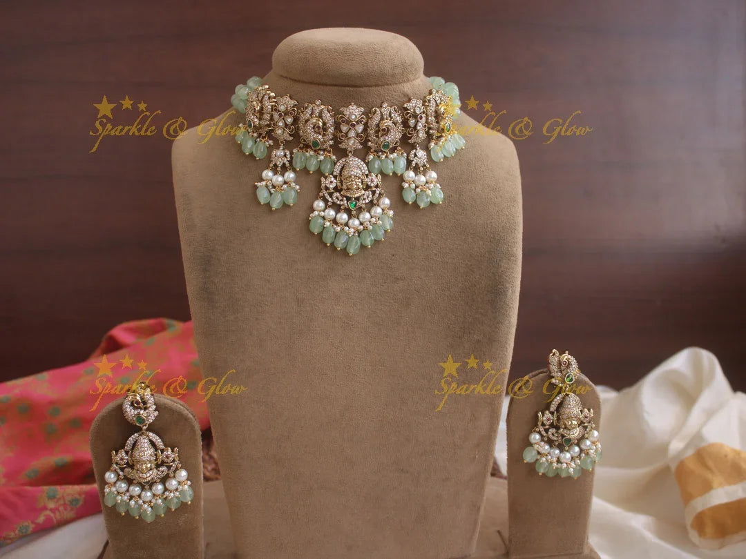 Exquisite Venkatesh peacock Victorian AD highneck choker with pastel green beads - Sparkle and Glow
