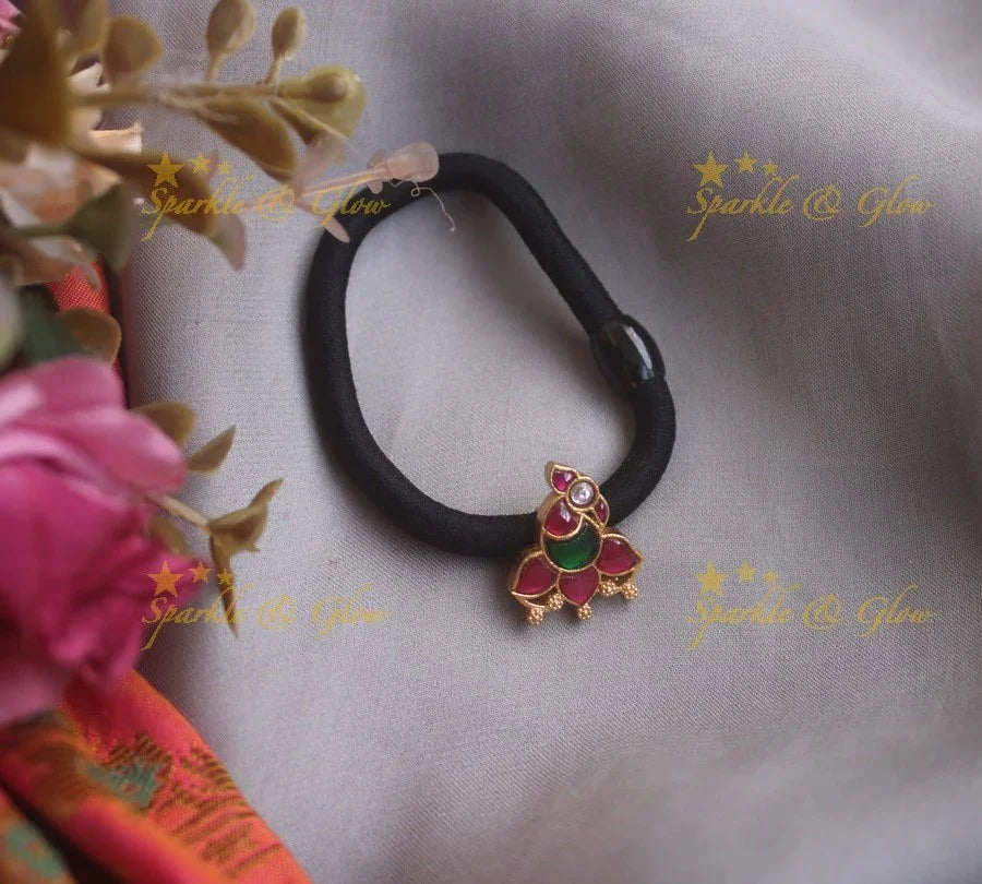 Elegant Peacock red and green jadau hair band - Sparkle and Glow