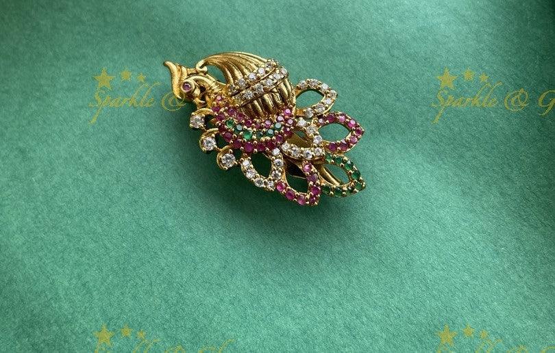 Beautiful peacock shell design AD saree pin or brooch - Sparkle and Glow