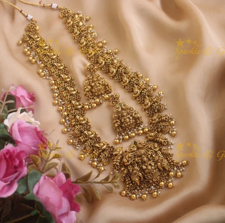 Grand Intricate Lakshmi Elephant and peacock carved Haram with red green stones and gold beads - Sparkle and Glow