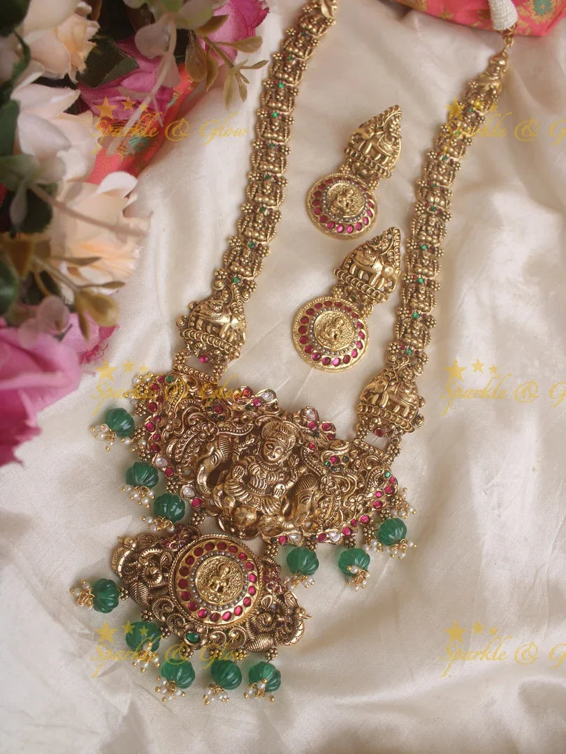 Grand Intricate Lakshmi Elephant carved Haram with ruby emerald and green beads - Sparkle and Glow