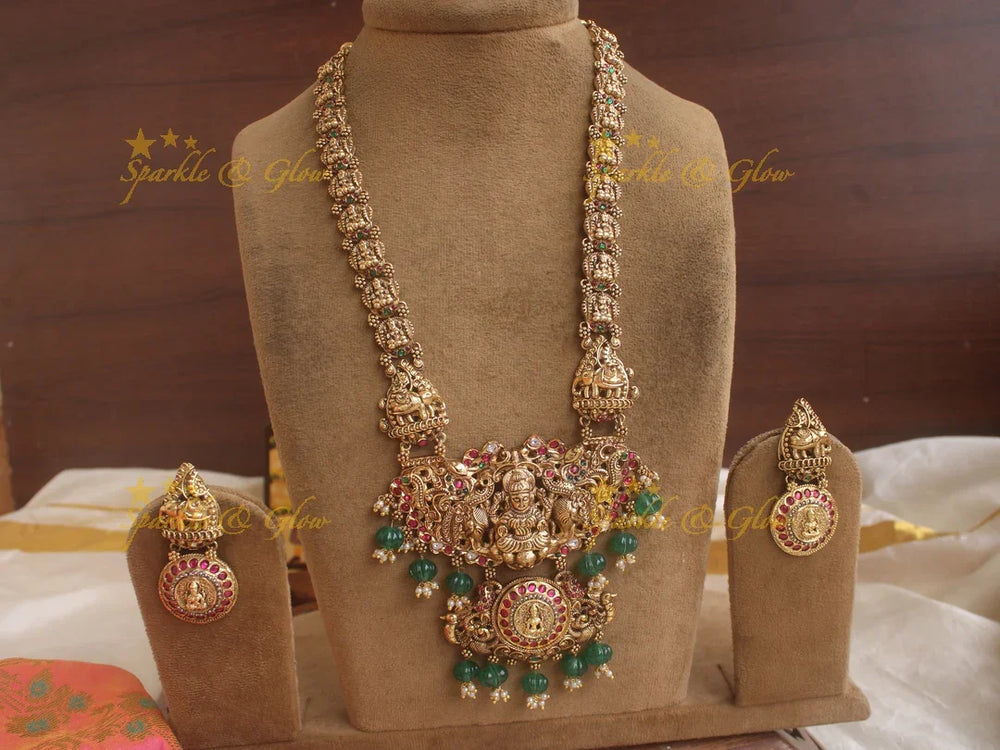Grand Intricate Lakshmi Elephant carved Haram with ruby emerald and green beads - Sparkle and Glow