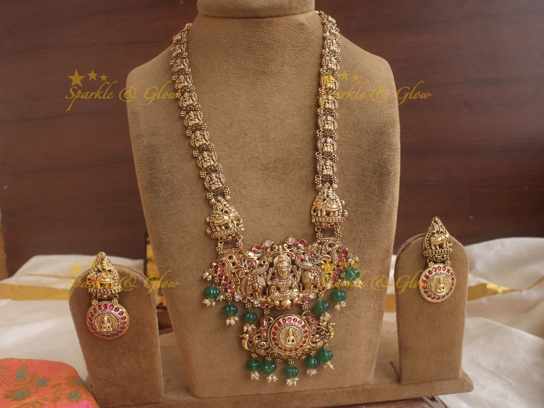 Grand Intricate Lakshmi Elephant carved Haram with ruby emerald and green beads - Sparkle and Glow