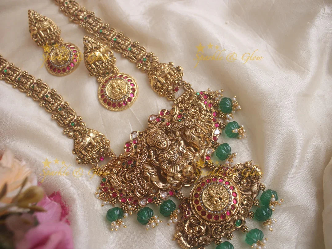 Grand Intricate Lakshmi Elephant carved Haram with ruby emerald and green beads - Sparkle and Glow