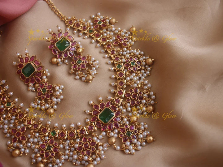 Beautiful Gutta pusulu short necklace with ruby emerald pearls and gold beads - Sparkle and Glow