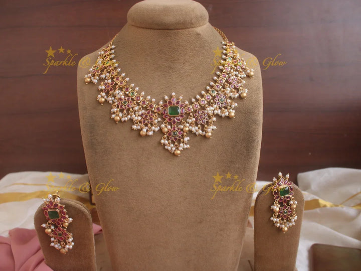 Beautiful Gutta pusulu short necklace with ruby emerald pearls and gold beads - Sparkle and Glow
