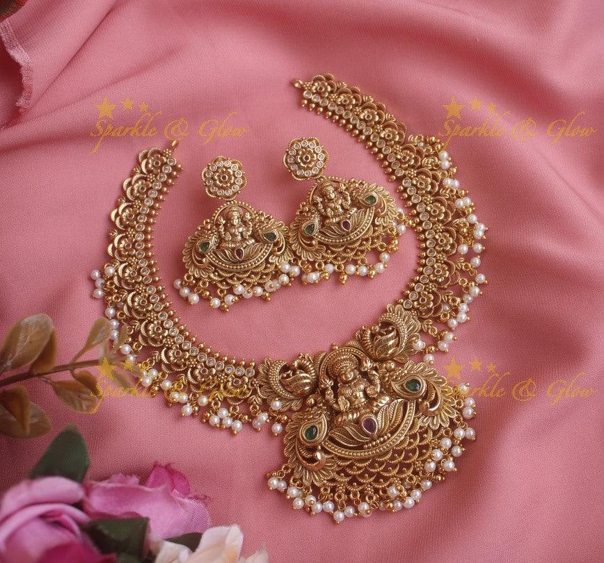 Exquisite Lakshmi peacock and flowers short necklace with pearls - Sparkle and Glow