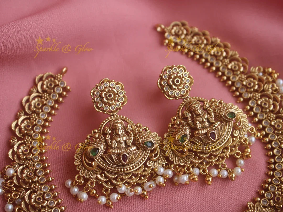 Exquisite Lakshmi peacock and flowers short necklace with pearls - Sparkle and Glow