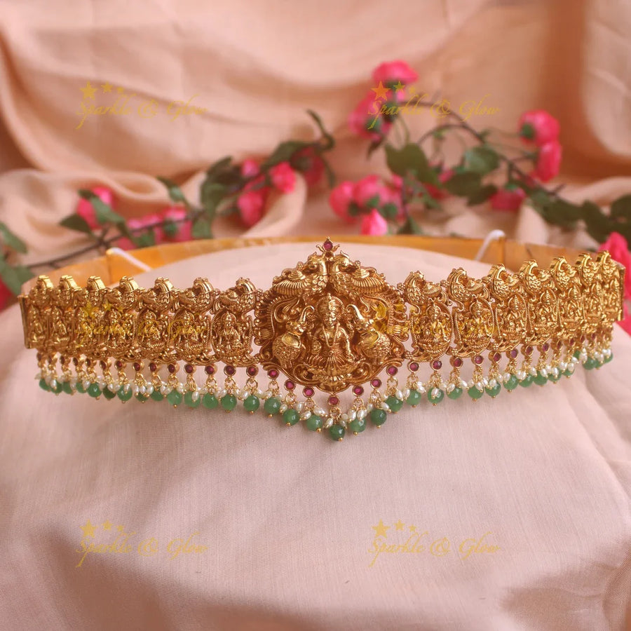 Intricate Lakshmi Mango design gold alike hipbelt with green beads - Sparkle and Glow