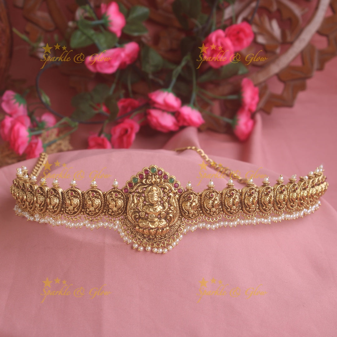 Elegant Lakshmi peacock gold alike hipchain with pearl beads