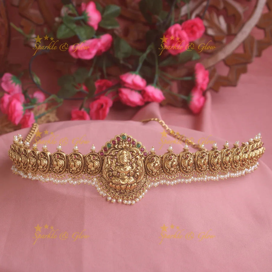 Elegant Lakshmi peacock gold alike hipchain with pearl beads - Sparkle and Glow